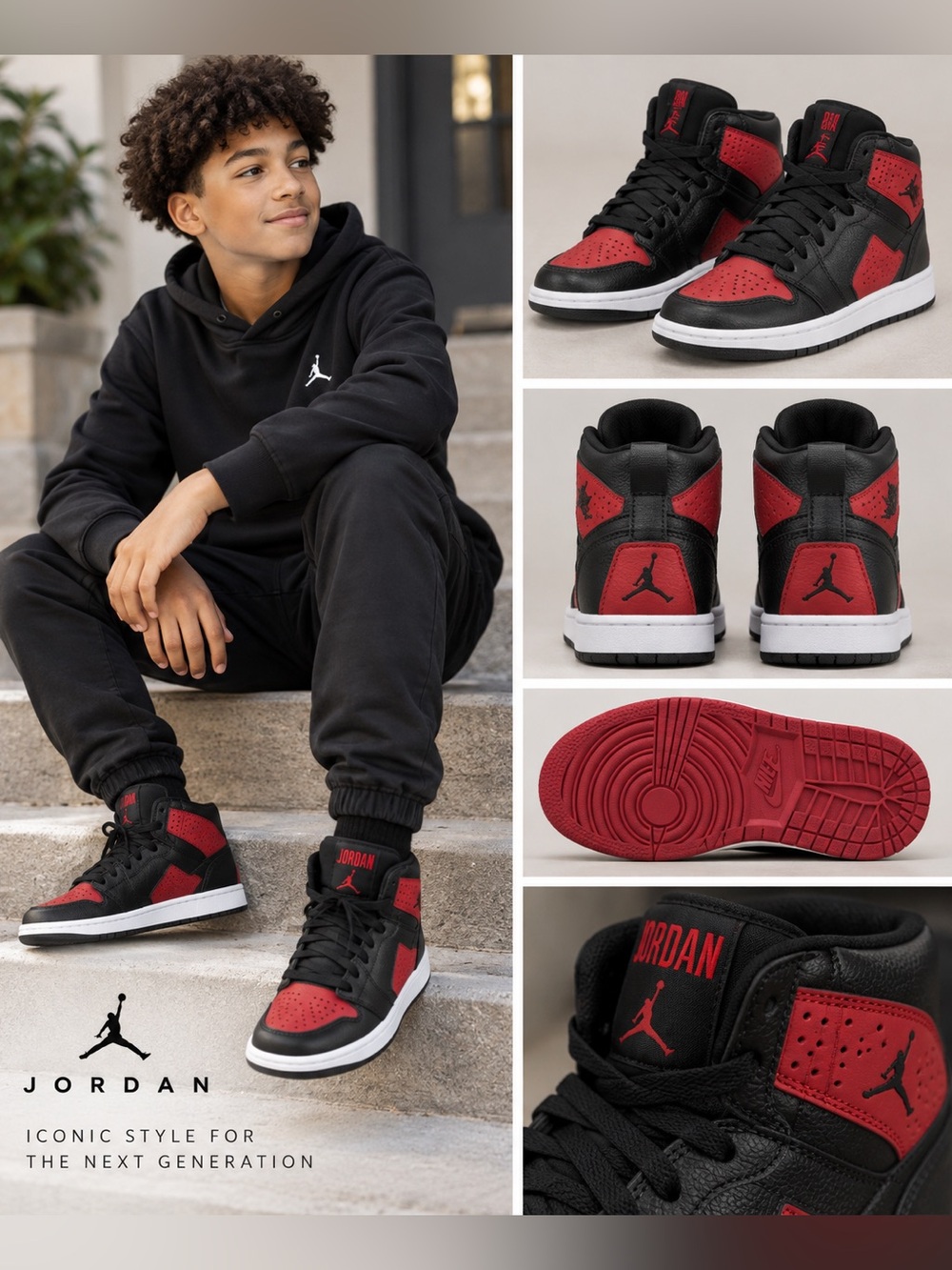 Jordan Kids Black and Red High-Top Sneakers 3.5